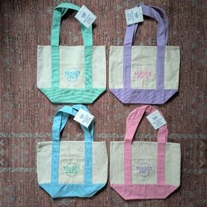 Lot Of 4 Trader Joe's Mini Pastel Canvas Tote Bag Blue, Purple, Green, & Pink